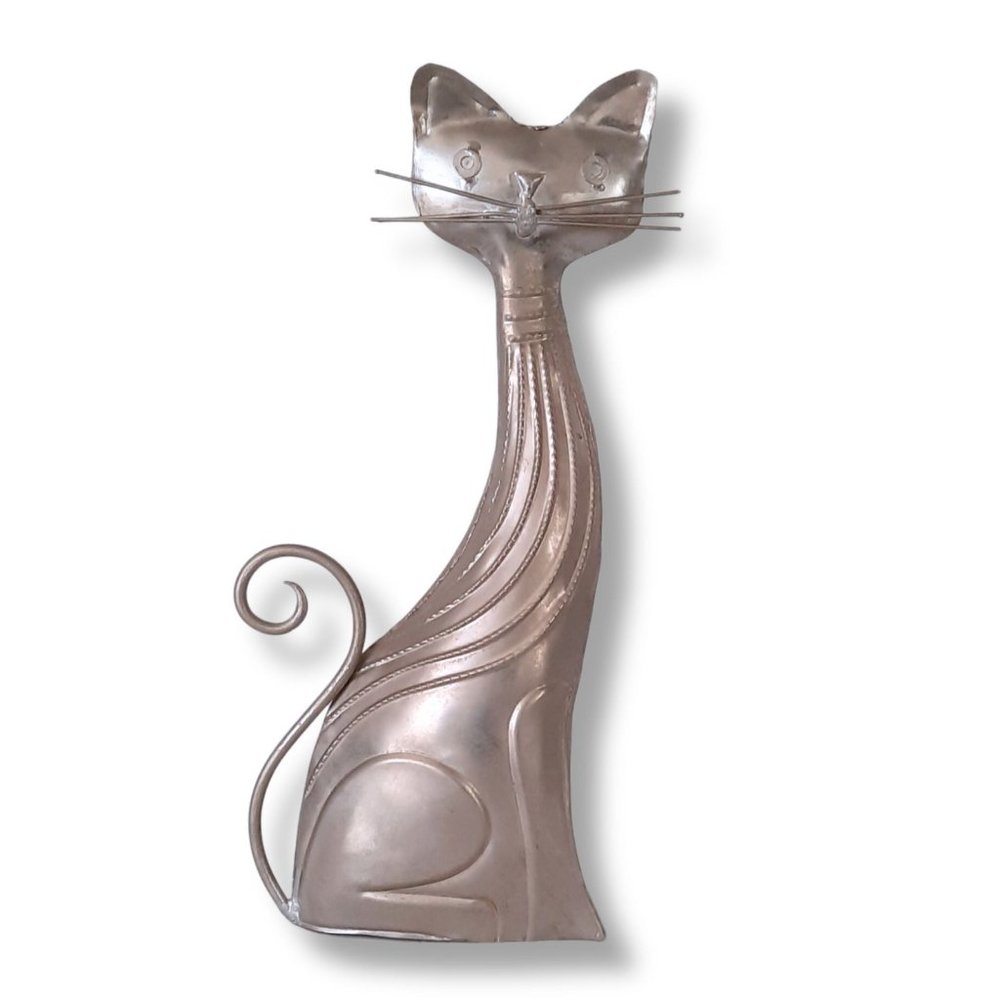 Handmade Kitty Cat Sculpture Metal Embossed Tin 14.5” Desktop Bookcase Decor
